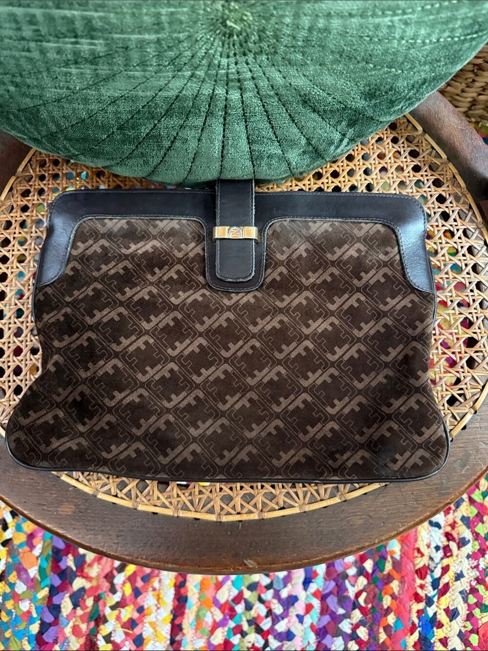Vintage 70s/80s Salvatore Ferragamo Brown Suede Classic Boho Hippie Clutch Bag